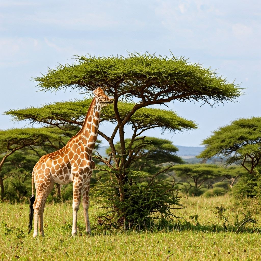 Giraffes feeding on acacia trees